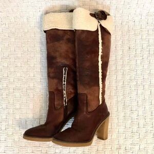 Brown Faux Suede Shearling Trim Knee-High Women's Boots. Size 8.